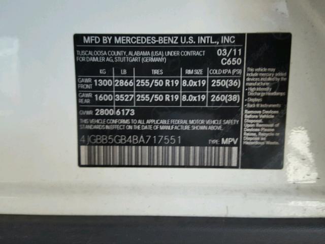 4JGBB5GB4BA717551 - 2011 MERCEDES-BENZ ML 350 WHITE photo 10