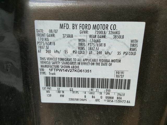 1FTPW14V27KD61351 - 2007 FORD F150 SUPER GRAY photo 10