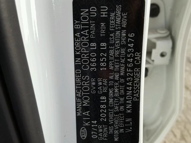 KNADN4A32F6453476 - 2015 KIA RIO EX WHITE photo 10