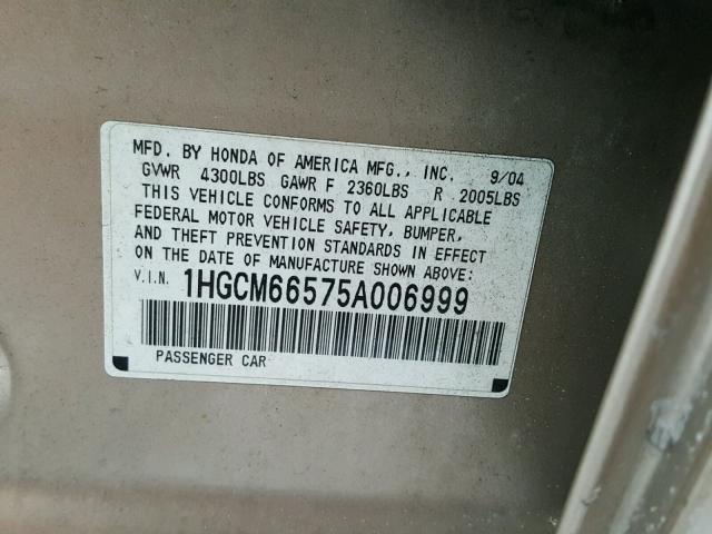 1HGCM66575A006999 - 2005 HONDA ACCORD EX TAN photo 10