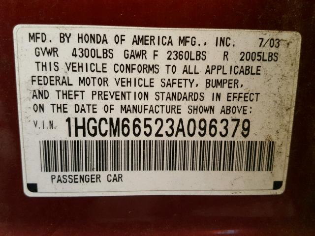 1HGCM66523A096379 - 2003 HONDA ACCORD EX BURGUNDY photo 10