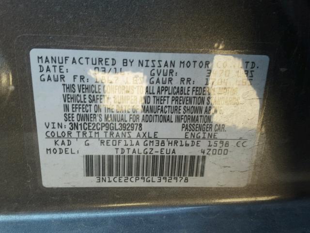 3N1CE2CP9GL392978 - 2016 NISSAN VERSA NOTE GRAY photo 10