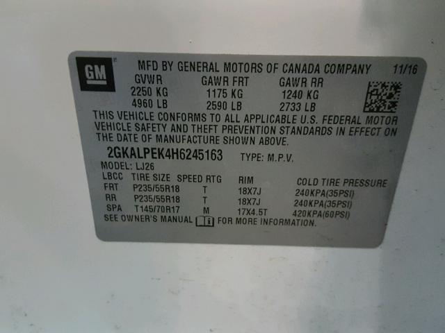 2GKALPEK4H6245163 - 2017 GMC TERRAIN SL WHITE photo 10