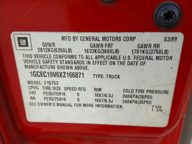 1GCEC19V6XZ166871 - 1999 CHEVROLET SILVERADO RED photo 10