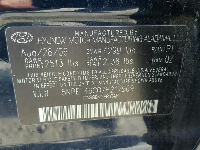 5NPET46C07H217969 - 2007 HYUNDAI SONATA GLS BLUE photo 10