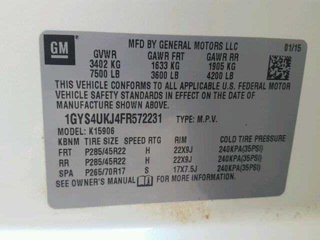 1GYS4UKJ4FR572231 - 2015 CADILLAC ESCALADE E WHITE photo 10