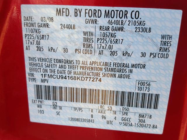 1FMCU94168KD77274 - 2008 FORD ESCAPE LIM RED photo 10