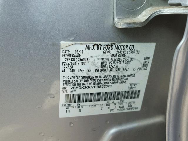 2FMDK3GC7BBB32070 - 2011 FORD EDGE SE SILVER photo 10