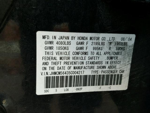 JHMCM56435C004217 - 2005 HONDA ACCORD LX BLACK photo 10