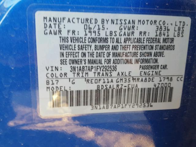 3N1AB7AP1FY292536 - 2015 NISSAN SENTRA S BLUE photo 10