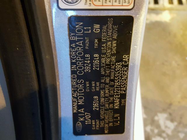 KNAFE121785535393 - 2008 KIA SPECTRA EX SILVER photo 10