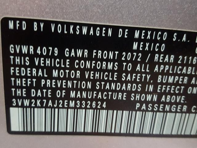 3VW2K7AJ2EM332624 - 2014 VOLKSWAGEN JETTA BASE GRAY photo 10