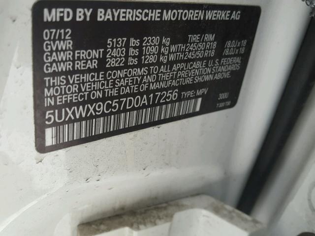 5UXWX9C57D0A17256 - 2013 BMW X3 XDRIVE2 WHITE photo 10