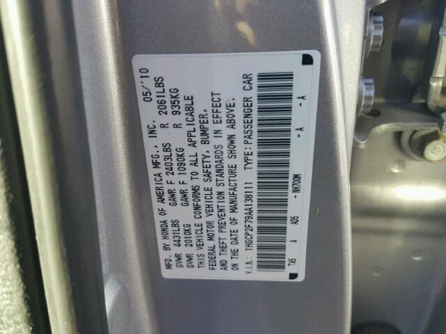 1HGCP2F79AA138111 - 2010 HONDA ACCORD EX SILVER photo 10