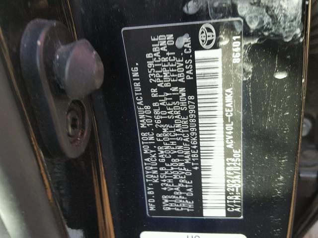 4T1BE46K99U899078 - 2009 TOYOTA CAMRY BASE BLACK photo 10