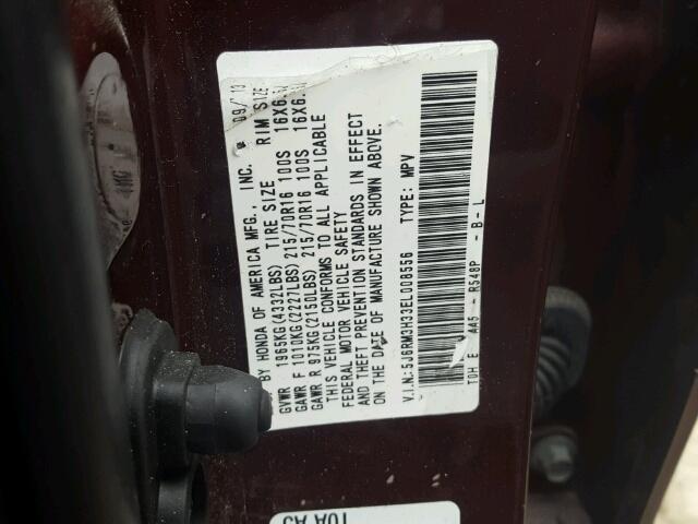 5J6RM3H33EL008556 - 2014 HONDA CR-V LX BURGUNDY photo 10