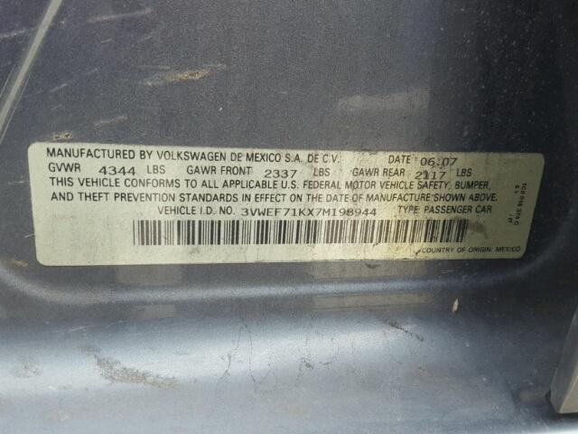 3VWEF71KX7M198944 - 2007 VOLKSWAGEN JETTA WOLF CHARCOAL photo 10