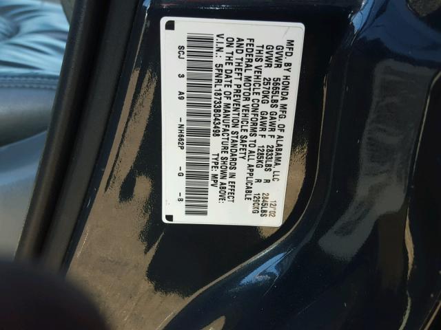 5FNRL18733B043498 - 2003 HONDA ODYSSEY EX BLUE photo 10