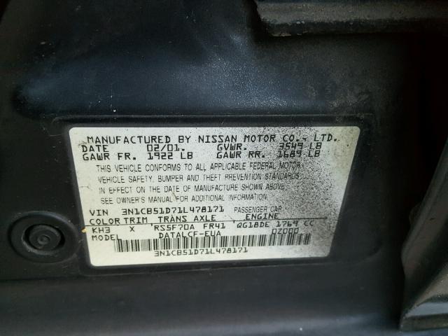 3N1CB51D71L478171 - 2001 NISSAN SENTRA XE BLACK photo 10