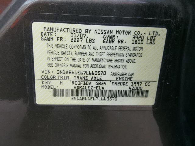 3N1AB61E67L663570 - 2007 NISSAN SENTRA 2.0 BROWN photo 10