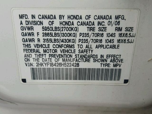 2HKYF18426H522428 - 2006 HONDA PILOT EX WHITE photo 10