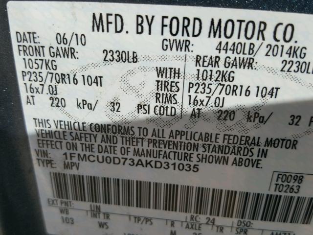 1FMCU0D73AKD31035 - 2010 FORD ESCAPE XLT BLUE photo 10