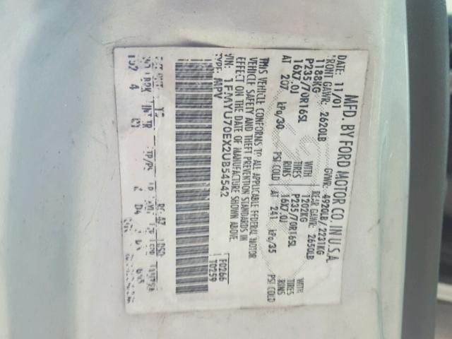 1FMYU70EX2UB54542 - 2002 FORD EXPLORER S SILVER photo 10