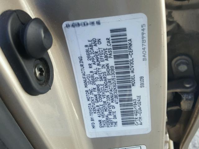 4T1BE32K62U513089 - 2002 TOYOTA CAMRY LE GOLD photo 10