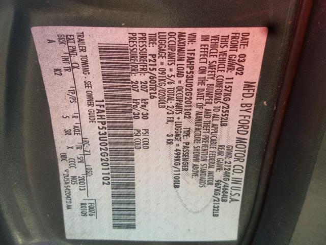 1FAHP53U02G201102 - 2002 FORD TAURUS SE CHARCOAL photo 10