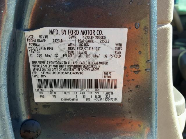 1FMCU0DG6AKD43518 - 2010 FORD ESCAPE XLT GREEN photo 10