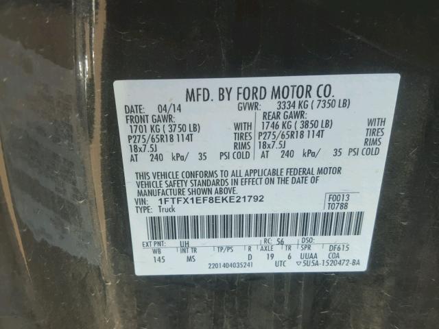 1FTFX1EF8EKE21792 - 2014 FORD F150 SUPER BLACK photo 10