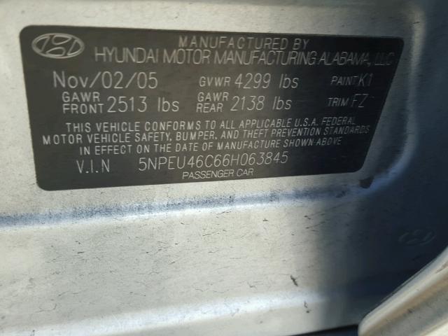 5NPEU46C66H063845 - 2006 HYUNDAI SONATA GLS SILVER photo 10