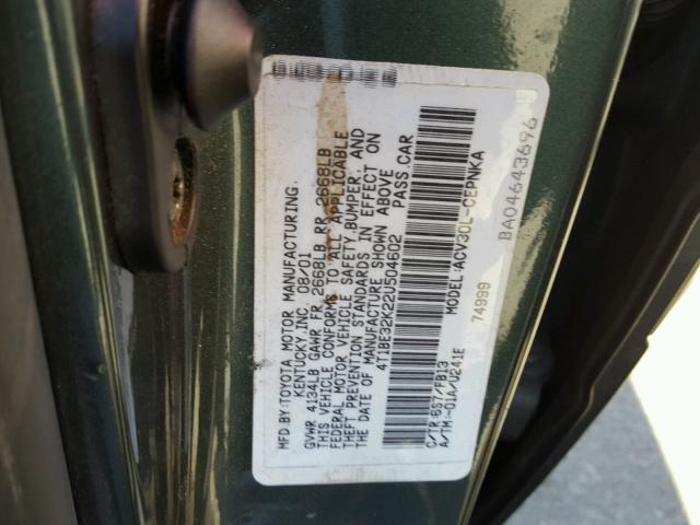 4T1BE32K22U504602 - 2002 TOYOTA CAMRY LE GREEN photo 10