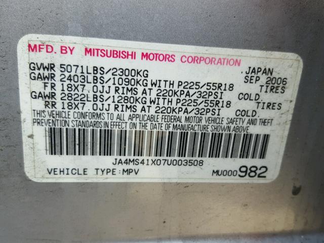 JA4MS41X07U003508 - 2007 MITSUBISHI OUTLANDER SILVER photo 10