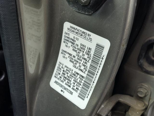 JN8DR09X33W703394 - 2003 NISSAN PATHFINDER GRAY photo 10