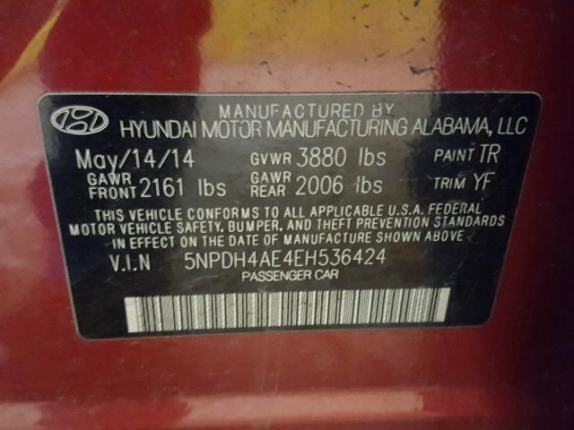 5NPDH4AE4EH536424 - 2014 HYUNDAI ELANTRA SE RED photo 10