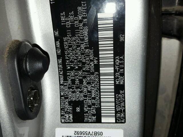 5TDZA22C75S258379 - 2005 TOYOTA SIENNA XLE SILVER photo 10