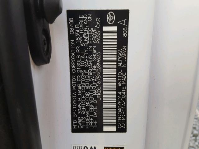 JTKDE167590289623 - 2009 TOYOTA SCION TC თეთრი ფოტო 10