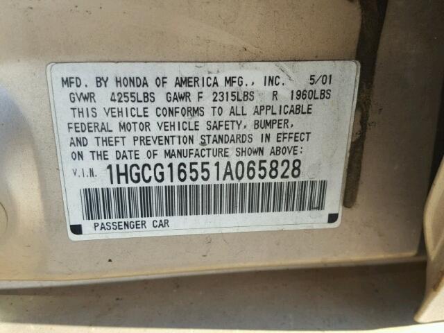 1HGCG16551A065828 - 2001 HONDA ACCORD EX SILVER photo 10