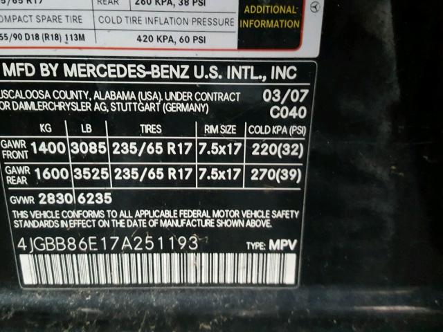 4JGBB86E17A251193 - 2007 MERCEDES-BENZ ML 350 BLACK photo 10