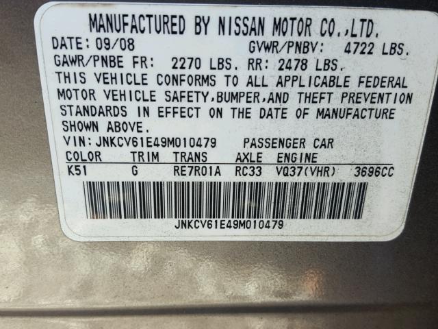 JNKCV61E49M010479 - 2009 INFINITI G37 BASE GRAY photo 10