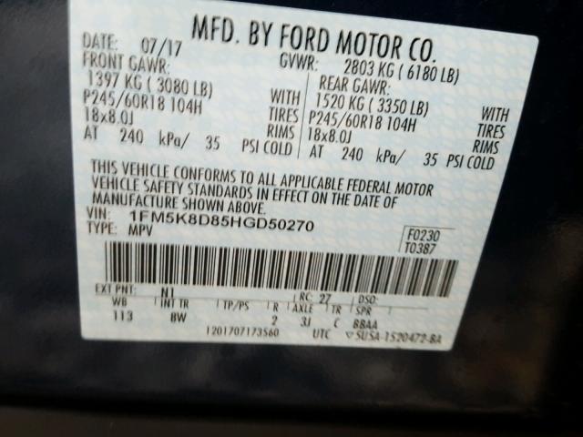 1FM5K8D85HGD50270 - 2017 FORD EXPLORER X BLUE photo 10