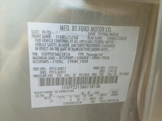 1FAFP23156G118136 - 2006 FORD FIVE HUNDR GREEN photo 10