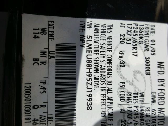 5LMEU88H95ZJ19938 - 2005 LINCOLN AVIATOR 黑色 照片 10