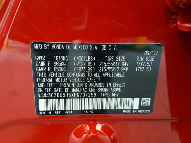 3CZRU5H5XHG707259 - 2017 HONDA HR-V EX RED photo 10