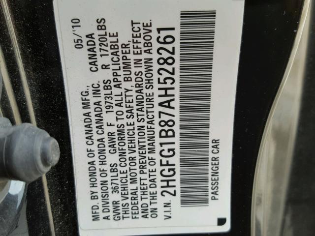 2HGFG1B87AH528261 - 2010 HONDA CIVIC EX შავი ფოტო 10
