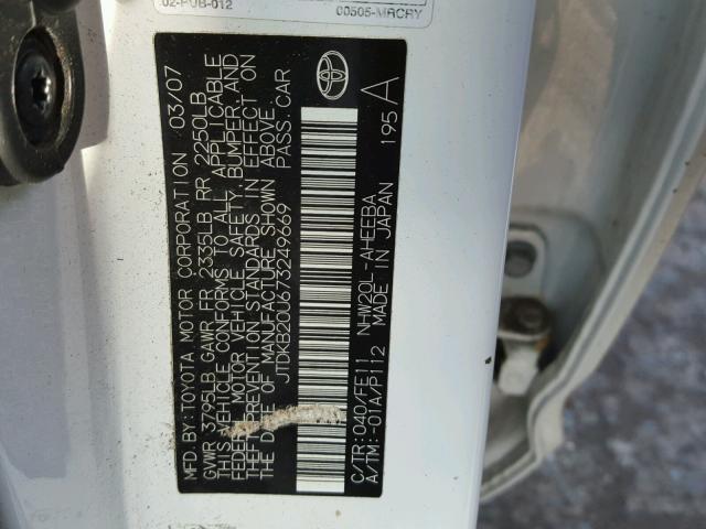 JTDKB20U673249669 - 2007 TOYOTA PRIUS WHITE photo 10