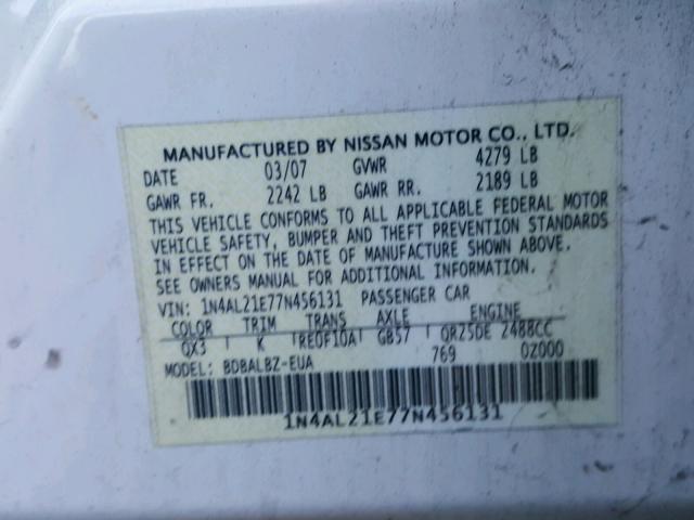 1N4AL21E77N456131 - 2007 NISSAN ALTIMA 2.5 WHITE photo 10