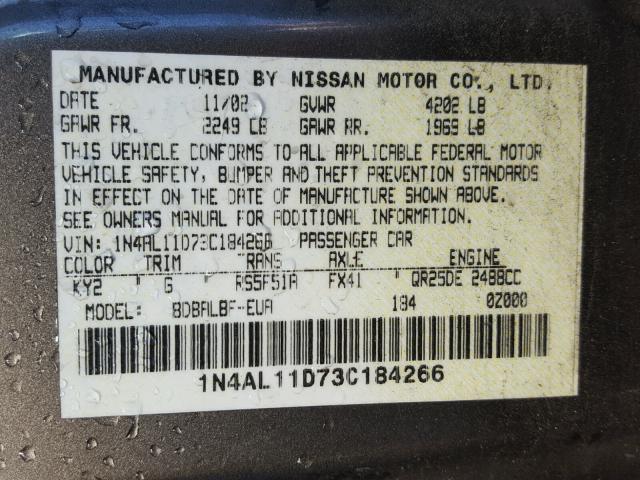 1N4AL11D73C184266 - 2003 NISSAN ALTIMA BAS BEIGE photo 10