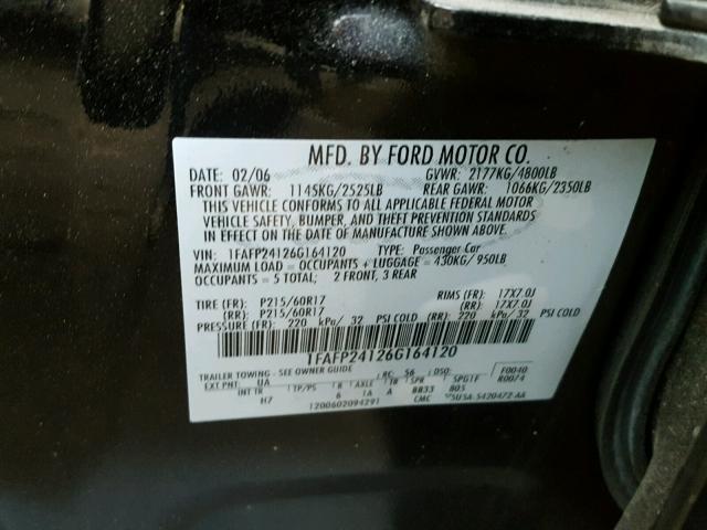 1FAFP24126G164120 - 2006 FORD FIVE HUNDR BLACK photo 10